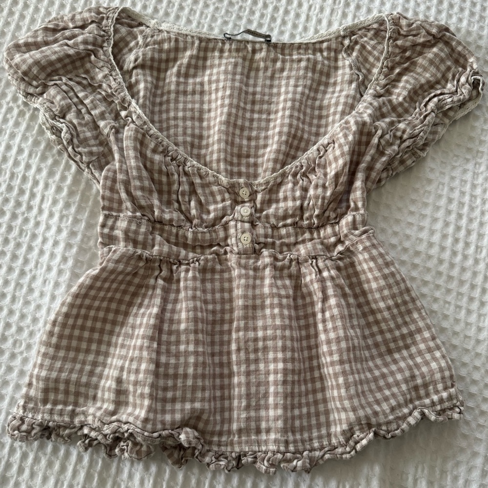 Brandy Melville Brown and white gingham babydoll top